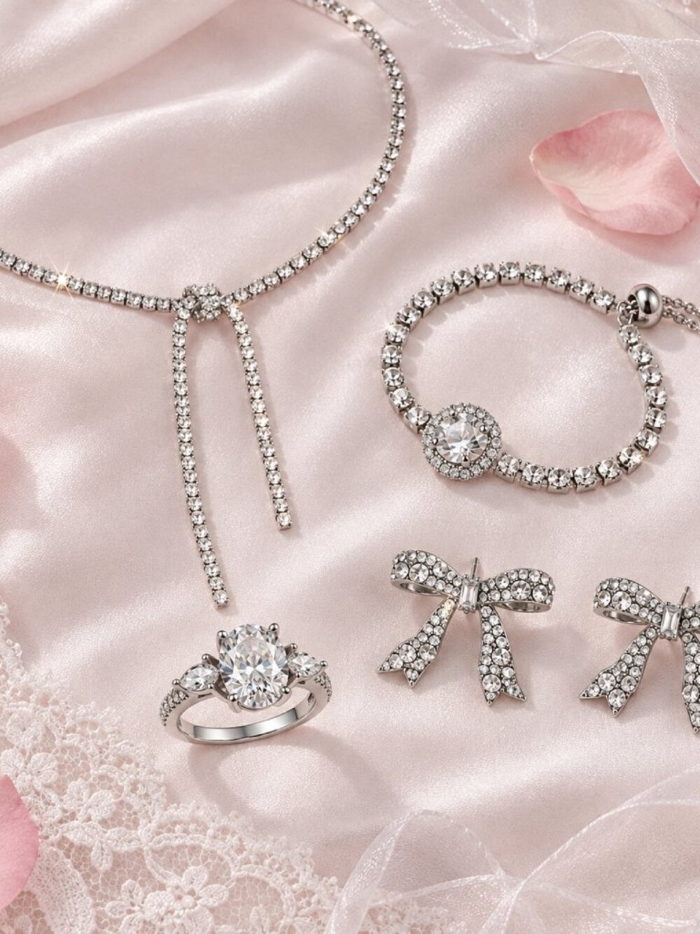 Crystal Princess Silver Jewelry Set 4pc Rhinestone Choker Bracelet Ring Studs